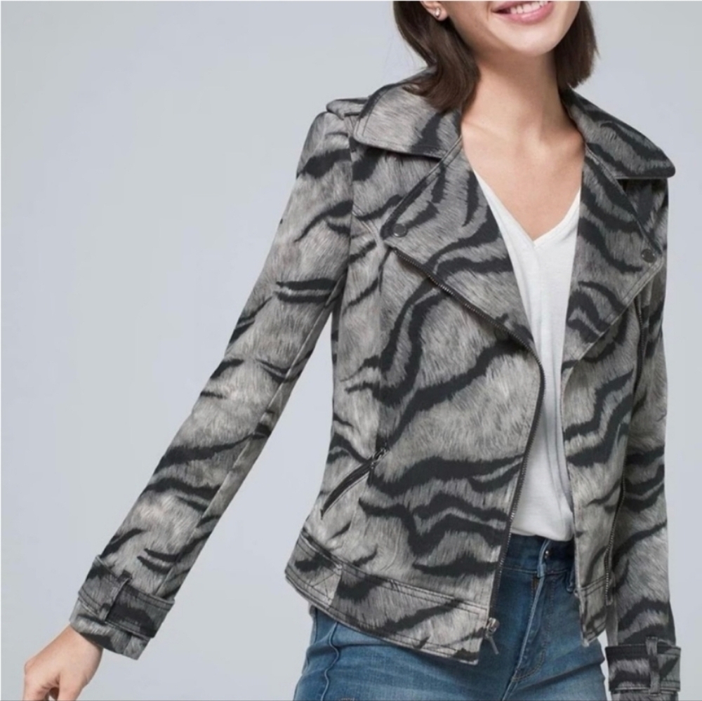 WHBM Animal-Print Moto Jacket, Color Gray/Black Size 4